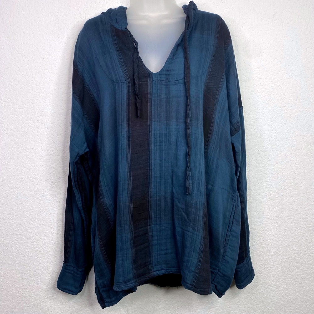 Free People x CP Shades Tunic Hoodie Womens M Blue Plaid Flannel Boho Coastal